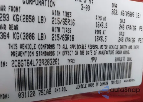 2003 Chrysler Town & Country Limited z USA, uszkodzony, nr VIN 2C8GT64L73R283261